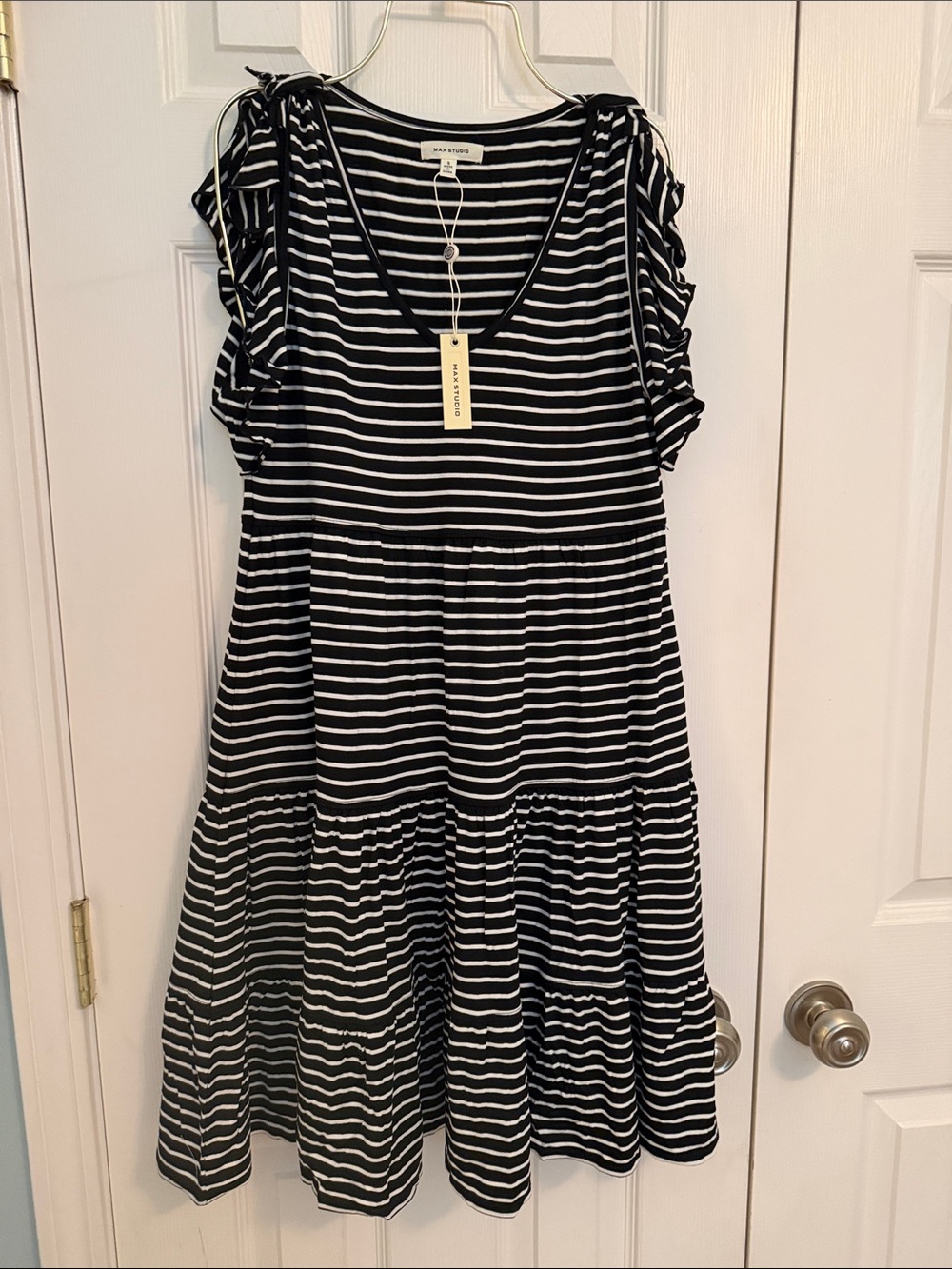 Max Studio Black and White Striped Tiered Midi Dress Ruffle Sleeve S NWT